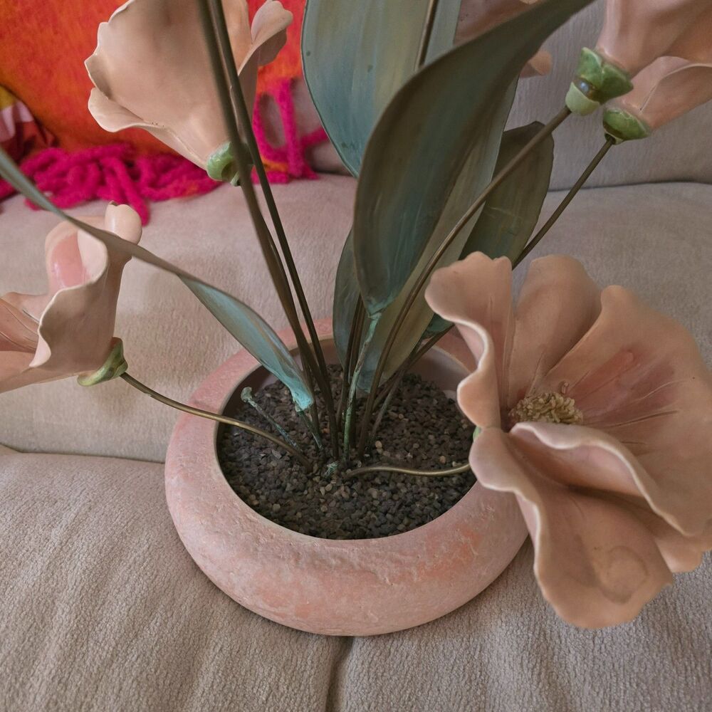 Vintage Ceramic Flower Decor with Brass Leaves - Picture 5 of 5